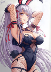 Rule 34 | 1girl, animal ears, armpits, arms up, black gloves, black hairband, black leotard, blue eyes, breasts, cleavage, cleavage cutout, clothing cutout, cow, elbow gloves, fake animal ears, fake tail, fishnet pantyhose, fishnets, gloves, gradient background, grey background, grey hair, groin, hair ribbon, hairband, highres, large breasts, leotard, long hair, looking at viewer, original, pantyhose, parted lips, playboy bunny, rabbit ears, rabbit tail, red ribbon, ribbon, sakiyamama, smile, solo, tail, thigh strap, very long hair, white background