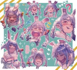 Rule 34 | + +, ..., 1girl, 1other, :3, ?, animal ear fluff, animal ears, armpit crease, blue hair, blush, border, bow, braid, breasts, buck teeth, character sheet, cleavage, closed eyes, coat, commentary request, crying, crying with eyes open, don-chan (usada pekora), eating, expressions, eyes visible through hair, fangs, food, food on face, gloves, hair bow, hololive, long braid, long hair, long sleeves, looking to the side, looking up, multicolored hair, multiple views, open mouth, orange eyes, outline, outside border, rabbit ears, rabbit girl, reomenka, shaded face, short eyebrows, small breasts, smile, sparkle, speech bubble, spoken ellipsis, sweatdrop, tearing up, tears, teeth, thick eyebrows, trembling, twin braids, two-tone hair, upper teeth only, usada pekora, usada pekora (1st costume), v-shaped eyebrows, virtual youtuber, wavy mouth, white border, white coat, white hair, white outline, wide-eyed, x x