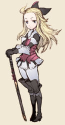 Rule 34 | 1girl, 5pb., bad id, bad pixiv id, blonde hair, boots, bow, bravely default: flying fairy, bravely default (series), edea lee, gloves, hair bow, katana, long hair, matsuryuu, pantyhose, sketch, solo, sword, weapon, white pantyhose
