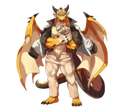 Rule 34 | 1boy, abs, absurdres, bara, black shirt, broken tusk, colored skin, dragon boy, dragon horns, dragon tail, dragon wings, egg necklace, full body, furry, furry male, highres, horns, jacket, jacket on shoulders, jewelry, male focus, multiple horns, muscular, muscular male, necklace, open fly, open mouth, ophion (housamo), red eyes, scales, sharp toenails, shirt, simple background, solo, standing, suspenders, tail, toenails, tokyo houkago summoners, tusks, white background, wings, yed (yedsilent), yellow skin