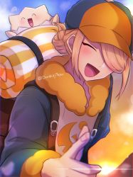 Rule 34 | 0roshioji3ran, 1boy, :d, alt text, backpack, bag, blurry, blush, brown bag, closed eyes, cloud, commentary request, creatures (company), day, facing viewer, fur trim, game freak, gen 2 pokemon, hat, highres, jumpsuit, long sleeves, male focus, nintendo, open mouth, orange headwear, outdoors, pokemon, pokemon (creature), pokemon legends: arceus, pokemon on back, sky, smile, togepi, tongue, twitter username, volo (pokemon), watermark