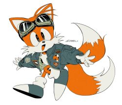 Rule 34 | 1boy, animal ears, animal nose, artist name, black eyes, fox, fox boy, fox ears, fox tail, furry, gloves, goggles, goggles on head, highres, jacket, long sleeves, ombeo o, open clothes, open jacket, open mouth, shoes, simple background, solo, sonic (series), tail, tails (sonic), white background, white gloves, yellow fur