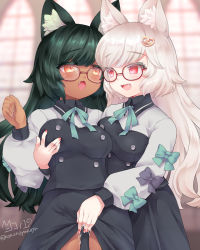 Rule 34 | 2girls, :d, animal ear fluff, animal ears, black dress, blurry, blurry background, blush, borrowed character, bow, breasts, brown eyes, collared shirt, commentary request, depth of field, dress, eye contact, fang, glasses, green bow, green hair, green ribbon, hand up, indoors, long hair, long sleeves, looking at another, medium breasts, multiple girls, nail polish, nanopai kakumeikokonoyu, neck ribbon, open mouth, original, puffy long sleeves, puffy sleeves, pussy juice, red-framed eyewear, red nails, ribbon, shirt, signature, smile, twitter username, very long hair, white hair, white shirt, window, yuri