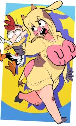Rule 34 | 1boy, 1girl, absurdres, animification, black eyes, blush stickers, breasts, carrying, carrying person, cartoon network, chicken (cow &amp; chicken), commentary, cosplay, cow &amp; chicken, cow (cow &amp; chicken), gashi-gashi, glasses, gloves, highres, humanization, kigurumi, large breasts, long sleeves, missing tooth, mohawk, open mouth, pink-tinted eyewear, round eyewear, size difference, sweatdrop, symbol-only commentary, tinted eyewear, white gloves