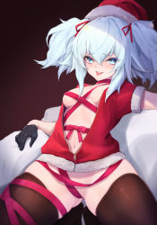 Rule 34 | 1girl, absurdres, alternate costume, blue eyes, blue hair, bottomless, breasts, commentary request, fang, fur trim, girls&#039; frontline, gloves, hair ribbon, hat, heart, heart-shaped pupils, highres, looking at viewer, mari0ball, medium breasts, naughty face, navel, no bra, open clothes, pa-15 (girls&#039; frontline), red ribbon, ribbon, santa costume, santa hat, short sleeves, smile, solo, symbol-shaped pupils, thick thighs, thighhighs, thighs, tongue, tongue out, twintails