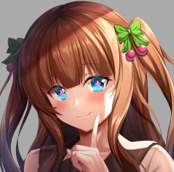 Rule 34 | + +, .live, 1girl, absurdres, biro-budou, blush, bow, brown hair, cherry hair ornament, collarbone, food-themed hair ornament, hair between eyes, hair bow, hair ornament, highres, index finger raised, kakyouin chieri, looking at viewer, shirt, simple background, smile, solo, sunlight, twintails, virtual youtuber, white shirt