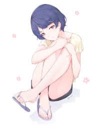 Rule 34 | 1girl, black shorts, blue footwear, blue hair, crossed ankles, domestic na kanojo, flip-flops, flower, head tilt, highres, hugging own legs, looking at viewer, niaillust, red eyes, sandals, shirt, short hair, short shorts, short sleeves, shorts, simple background, sitting, solo, tachibana rui, toes, white background, yellow shirt