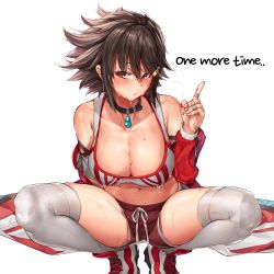 Rule 34 | 1girl, bandaid, bandaid on hand, black collar, breasts, brown hair, cleavage, collar, collarbone, commentary, english commentary, english text, highres, jacket, jewelry, large breasts, looking at viewer, midriff, moing, nail polish, navel, pendant, pink nails, red eyes, red footwear, red jacket, red shorts, shoes, short hair, shorts, simple background, soccer spirits, solo, sports bra, squatting, sweat, thighhighs, white background, white thighhighs