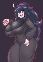 Rule 34 | 1girl, :3, @ @, ahoge, black dress, breasts, covered erect nipples, cowboy shot, creatures (company), curvy, dress, game freak, hair between eyes, hairband, hex maniac (pokemon), highres, impossible clothes, large breasts, long hair, long sleeves, looking at viewer, matching hair/eyes, nail polish, nintendo, open mouth, outline, pink outline, poke ball, poke ball (basic), pokemon, pokemon xy, purple background, purple hair, rivyk, smile, solo, standing, turtleneck