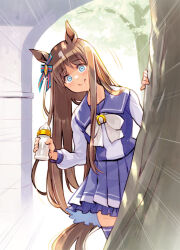 Rule 34 | 1girl, animal ears, blue eyes, collarbone, commentary request, empty eyes, grass wonder (umamusume), holding, horse ears, horse girl, horse tail, looking at viewer, maeda rena, ryoji (nomura ryouji), school uniform, smile, solo, tail, thighhighs, tracen school uniform, tree, umamusume, voice actor connection