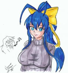 Rule 34 | 2girls, antenna hair, blazblue, blazblue remix heart, blue eyes, blue hair, bow, breast envy, breasts, chibi, chibi inset, covered erect nipples, gender request, genderswap, hair bow, impossible clothes, impossible sweater, large breasts, long hair, looking at viewer, mai natsume, marker (medium), multiple girls, nayaase beleguii, noel vermillion, ponytail, ribbed sweater, ribbon, simple background, smile, smug, sweater, traditional media, turtleneck, upper body, white background