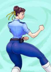 Rule 34 | 1girl, alternate costume, ass, breasts, brown eyes, brown hair, capcom, chun-li, clenched hands, double bun, eyebrows, fighting stance, from behind, hair bun, hair ribbon, jiggeh, nose, pants, police, police uniform, policewoman, ribbon, serious, short hair, skin tight, solo, street fighter, street fighter v, thick thighs, thighs, uniform