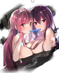 Rule 34 | 2girls, bathing, blush, breasts, fate/grand order, fate (series), hair over breasts, highres, hot spring, large breasts, long hair, looking at viewer, medb (fate), medium breasts, mouth hold, multiple girls, nude, onsen, partially submerged, pink hair, purple hair, red eyes, scathach (fate), steam, taira tsukune, tiara, tupet, water, water drop, wet, wet hair, yellow eyes