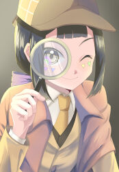 Rule 34 | 1girl, absurdres, beyblade x, black hair, closed eyes, detective, facepaint, female focus, highres, holding, holding magnifying glass, light smile, looking at viewer, magnifying glass, nanairo multi, one eye closed, solo, umikisana
