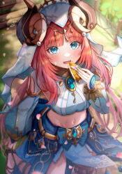 Rule 34 | 1girl, aqua eyes, aqua nails, blue gemstone, blue veil, blurry, blush, bracer, breasts, brooch, circlet, crop top, depth of field, fake horns, food, gem, genshin impact, gladiator sandals, gold footwear, gold trim, harem outfit, highres, holding, holding food, horns, jewelry, long hair, long sleeves, looking at viewer, medium breasts, nail polish, nanamo yado, neck ring, nilou (genshin impact), open mouth, puffy long sleeves, puffy sleeves, red hair, sandals, smile, solo, stomach, sweatdrop, thighlet, white headdress, white veil