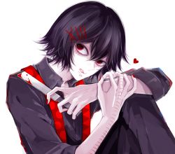 Rule 34 | 10s, 1boy, androgynous, awara kayu, black hair, black legwear, black shirt, blood, blood on clothes, closed mouth, commentary request, fingernails, hair ornament, hairclip, heart, holding, holding weapon, knife, looking to the side, male focus, nail polish, red eyes, red nails, roman numeral, shirt, short hair, simple background, sitting, smile, solo, stitched face, stitches, suspenders, suzuya juuzou, throwing knife, tokyo ghoul, tokyo ghoul:re, tongue, tongue out, weapon, white background, x hair ornament