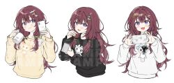 Rule 34 | 1girl, black bow, black sweater, blush, bow, cellphone, closed mouth, cup, hair bow, hair ornament, hairclip, holding, holding cup, holding notepad, holding phone, lee roha, long hair, looking at viewer, low-tied sidelocks, mug, multiple views, nijisanji, nijisanji kr, notepad, open mouth, phone, pink hair, pjmiyo, purple eyes, simple background, smartphone, smile, sweater, upper body, very long hair, virtual youtuber, white background, white sweater, yellow sweater