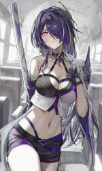 Rule 34 | 1girl, absurdres, acheron (honkai: star rail), arm behind back, black gloves, black shorts, blue hair, breasts, cleavage, closed mouth, commentary, cowboy shot, crop top, gloves, hair over one eye, halterneck, hidulume, highres, honkai: star rail, honkai (series), large breasts, long hair, looking at viewer, midriff, navel, pink eyes, shorts, single arm guard, single bare shoulder, solo, stomach, thighs, weapon, weapon on back
