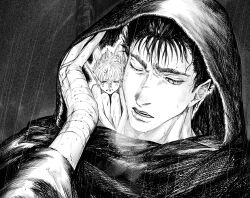 Rule 34 | 2boys, bandaged hand, bandages, bare shoulders, berserk, black hair, closed eyes, closed mouth, commentary, fairy wings, greyscale, guts (berserk), highres, hood, hood up, looking at another, male focus, monochrome, multiple boys, one eye closed, open mouth, parted lips, pointy ears, puck (berserk), rain, scar, scar on face, scar on nose, short hair, spiked hair, symbol-only commentary, teeth, vislsn2, wings