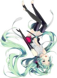 Rule 34 | 1girl, bad id, bad pixiv id, barefoot, elbow gloves, female focus, fen renlei, full body, gloves, green eyes, green hair, hatsune miku, hatsune miku (append), long hair, matching hair/eyes, navel, necktie, open mouth, simple background, solo, thighhighs, twintails, upside-down, very long hair, vocaloid, vocaloid append, white background