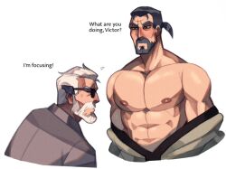Rule 34 | 2boys, abs, bara, bare back, bare pectorals, beard, blush, character request, cropped torso, english text, facial hair, from side, full beard, high ponytail, i really like wearing sunglasses (meme), large pectorals, male focus, mature male, meme, multiple boys, muscular, muscular male, nipples, pectorals, profile, revealyoursins, short hair, shy, stomach, tekken, tekken 7, thick beard, thick eyebrows, thick mustache, victor (tekken), yaoi