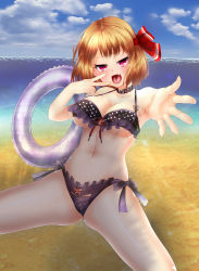 Rule 34 | 1girl, aged up, bad id, bad pixiv id, beach, bikini, black bikini, blonde hair, blush, breasts, choker, day, doyouwantto, fang, hair ribbon, highres, innertube, large breasts, looking at viewer, navel, open mouth, outdoors, outstretched arm, outstretched hand, print bikini, red eyes, ribbon, rumia, short hair, signature, sitting, solo, star (symbol), star print, swim ring, swimsuit, touhou, water