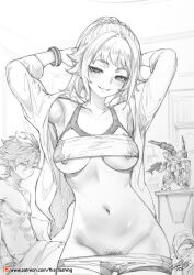 Rule 34 | 1boy, 1girl, absurdres, arm behind head, armpits, arms up, bike shorts, bike shorts pull, bracelet, breasts, clothes lift, cowboy shot, dated, female pubic hair, fkscrashing, graphite (medium), greyscale, groin, gundam, gundam build fighters, gundam build fighters try, gunpla, hair between eyes, half-closed eyes, hand in own hair, highres, hoshino fumina, indoors, jacket, jewelry, kamiki sekai, light blush, long sleeves, looking at viewer, medium breasts, model kit, monochrome, naughty face, navel, nipples, open clothes, open jacket, parted lips, patreon logo, patreon username, powered gm cardigan, pubic hair, pubic hair peek, short hair, signature, sitting, smile, solo focus, sports bra, sports bra lift, standing, stomach, teeth, traditional media, under covers, watermark, web address