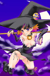 Rule 34 | 00s, 1girl, blue eyes, blush, breasts, broom, halloween, hat, kneeling, orange hair, panties, sasamori karin, shinama, side-tie panties, small breasts, solo, striped clothes, striped panties, thighhighs, to heart (series), to heart 2, underwear, witch hat