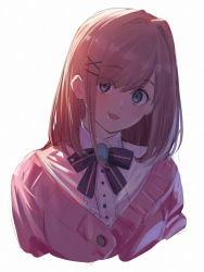 Rule 34 | 1girl, black bow, blue eyes, bow, brooch, brown hair, cardigan, collared shirt, cropped torso, grey background, hair ornament, hair over one eye, hairclip, head tilt, highres, isshiki (ffmania7), jewelry, long hair, looking at viewer, nijisanji, parted lips, pink cardigan, shirt, simple background, smile, solo, suzuhara lulu, upper body, virtual youtuber, white shirt, wide-eyed, x hair ornament