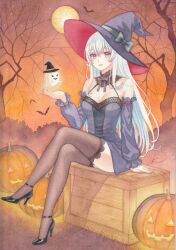 Rule 34 | 1girl, bare tree, bat (animal), blue eyes, bow, breasts, cleavage, crate, detached sleeves, dress, full moon, ghost, halloween, hat, hat bow, high heels, highres, jack-o&#039;-lantern, k.nishiyama, lace, lace-trimmed legwear, lace trim, long hair, long sleeves, looking at viewer, moon, nail polish, original, outdoors, painting (medium), pumpkin, sitting, solo, thighhighs, traditional media, tree, very long hair, watercolor (medium), white hair, witch, witch hat