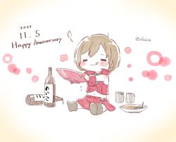 Rule 34 | 1girl, :d, = =, anniversary, bare arms, bare shoulders, blouse, blush stickers, boots, bottle, brown hair, character name, chibi, closed eyes, commentary, crop top, cup, dated, dripping, faux traditional media, flower, food, heart, highres, meiko (vocaloid), meiko (vocaloid3), miniskirt, open mouth, plate, red shirt, red skirt, sa-fu (sfmk39), sakazuki, sake bottle, shirt, short hair, skirt, smile, solo, tongue, tongue out, translated, twitter username, vocaloid, wrist cuffs