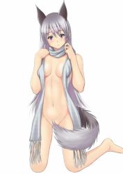 Rule 34 | 1girl, animal ears, covering privates, covering breasts, covering crotch, eila ilmatar juutilainen, grey hair, groin, jpeg artifacts, kneeling, long hair, muffin (sirumeria), navel, no panties, purple eyes, scarf, solo, strike witches, tail, topless, white background, world witches series