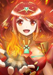 Rule 34 | 1girl, absurdres, black gloves, breasts, chest jewel, earrings, fingerless gloves, fire, fire, gloves, highres, jewelry, large breasts, pyra (xenoblade), red eyes, red hair, requta, short hair, solo, swept bangs, tiara, xenoblade chronicles (series), xenoblade chronicles 2