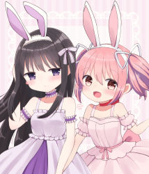 Rule 34 | 2girls, absurdres, akemi homura, animal ears, bare shoulders, black hair, blush, child, choker, closed mouth, commentary request, dress, hair ribbon, highres, kaname madoka, long hair, looking at viewer, mahou shoujo madoka magica, mahou shoujo madoka magica (anime), multiple girls, nekomura yuyuko, official alternate costume, open mouth, pink dress, pink eyes, pink hair, purple choker, purple ribbon, rabbit ears, red choker, ribbon, ribbon choker, short hair, short twintails, smile, twintails, white dress, white ribbon