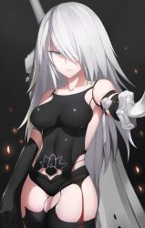 Rule 34 | 1girl, armpits, bare shoulders, black bra, black shorts, black thighhighs, blue eyes, bra, breasts, collarbone, cowboy shot, elbow gloves, gloves, hair between eyes, holding, holding sword, holding weapon, k jin, long hair, looking at viewer, medium breasts, mole, mole under mouth, navel, nier (series), nier:automata, parted lips, shiny skin, shorts, silver hair, solo, sports bra, stomach, sword, tassel, thighhighs, underwear, unsheathed, weapon, a2 (nier:automata)