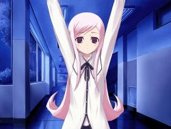 Rule 34 | 00s, 1girl, \o/, arms up, black ribbon, blush, breasts, bush, buttons, ceiling, closed mouth, dark, expressionless, flipped hair, game cg, hair ornament, hairclip, indoors, kawata hisashi, lights, long hair, long sleeves, looking at viewer, lucy maria misora, neck ribbon, night, night sky, outstretched arms, pink hair, purple eyes, ribbon, shirt, sidelocks, sky, small breasts, solo, standing, swept bangs, tile floor, tiles, to heart (series), to heart 2, tree, turtleneck, upper body, very long hair, white shirt, window