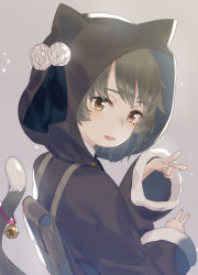 Rule 34 | 1girl, :d, animal ears, animal hood, backpack, bag, bell, black ribbon, blush, brown eyes, brown hair, brown jacket, cat ears, cat hood, cat tail, double v, fang, fingernails, flower, fur-trimmed sleeves, fur trim, hatoba tsugu, hatoba tsugu, head tilt, hood, hooded jacket, jacket, jingle bell, kemonomimi mode, long sleeves, looking at viewer, looking to the side, mole, mole under eye, open mouth, ribbon, smile, solo, subachi, tail, tail bell, tail ornament, v, virtual youtuber, white flower, wide sleeves