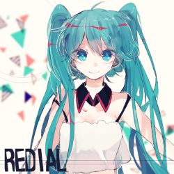 Rule 34 | 1girl, aqua eyes, aqua hair, bad id, bad pixiv id, camisole, collar, copyright name, hatsune miku, long hair, looking at viewer, lunchicken, redial (vocaloid), smile, solo, strap slip, twintails, vocaloid