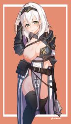 Rule 34 | 1girl, armor, belt, belt buckle, black thighhighs, braid, breasts, buckle, circlet, cleavage, cleavage cutout, closed mouth, clothing cutout, gold trim, green eyes, hair between eyes, hand in own hair, highres, hololive, large breasts, loincloth, mace, medium hair, nipples, o-ring, one breast out, shirogane noel, shirogane noel (1st costume), shoulder armor, skirt, unworn skirt, solo, thighhighs, tilt-shift (azalanz), utility belt, virtual youtuber, weapon, white hair, white loincloth, wrist guards