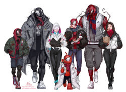 Rule 34 | 2girls, 5boys, adapted costume, backpack, bag, black hair, bodysuit, bodysuit under clothes, candy, carnage (marvel), cindy moon, commentary, cup, disposable cup, eating, english commentary, food, full body, gwen stacy, hands in pocket, headphones, headphones around neck, highres, hood, hooded bodysuit, hoodie, in-hyuk lee, jacket, lollipop, long tongue, marvel, mask, miles morales, monster boy, mouth mask, multiple boys, multiple girls, paper bag, peter parker, pizza, pizza box, pizza slice, scarf, sharp teeth, shoes, silk (marvel), simple background, sneakers, snout, spider-gwen, spider-ham, spider-man, spider-man (miles morales), spider-man (series), symbiote, teeth, thigh gap, tongue, venom (marvel), walking, white background