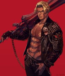 Rule 34 | 1boy, abs, beowulf (fate), black jacket, blonde hair, commentary, facial hair, fate/grand order, fate (series), feet out of frame, goatee, holding, holding sword, holding weapon, jacket, large pectorals, light smile, long sleeves, male focus, muscular, muscular male, open clothes, open jacket, over shoulder, pectorals, red background, red eyes, renga2250, scar, simple background, smile, solo, sword, sword over shoulder, topless male, weapon, weapon over shoulder