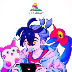 Rule 34 | applin, black hair, candy, cm wm, creatures (company), crossed bangs, food, furret, game freak, gen 2 pokemon, gen 4 pokemon, gen 8 pokemon, grey jacket, hair between eyes, handheld game console, highres, holding, holding handheld game console, hood, hood down, hooded jacket, jacket, kieran (pokemon), lollipop, long sleeves, male focus, mole, mole on neck, mouth hold, multicolored hair, nintendo, nintendo switch, open clothes, open jacket, open mouth, playing games, pokemon, pokemon (creature), pokemon sv, porygon-z, purple hair, red tank top, simple background, swirl lollipop, tank top, teeth hold, upper body, yellow eyes