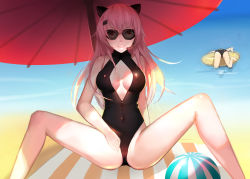 Rule 34 | 2girls, animal ears, ass, bad id, bad pixiv id, ball, beach, beach towel, beach umbrella, beachball, breasts, cameltoe, cat ears, cat girl, cleavage, cleavage cutout, clothing cutout, female focus, front zipper swimsuit, hair ornament, hairclip, highres, innertube, large breasts, long hair, looking at viewer, meme attire, multiple girls, nero (nilu), ocean, oil-paper umbrella, one-piece swimsuit, original, red eyes, smile, solo focus, spread legs, striped, sunglasses, swim ring, swimsuit, towel, umbrella, water