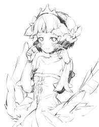 Rule 34 | 1girl, armor, armored dress, bare shoulders, breasts, choker, cleavage, crown, detached sleeves, dress, female focus, flower, ge-b, greyscale, gwendolyn (odin sphere), hair flower, hair ornament, monochrome, odin sphere, short hair, sketch, small breasts, solo, strapless, strapless dress, tears, valkyrie, wings