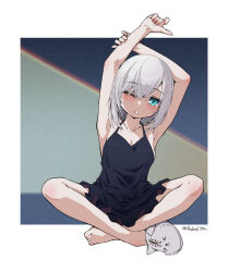 Rule 34 | 1girl, aqua eyes, armpits, ars almal, barefoot, black camisole, camisole, full body, grey hair, highres, indian style, nijisanji, one eye closed, open mouth, parted lips, short hair, single slipper, sitting, slippers, solo, stretching, tatami kami, twitter username, virtual youtuber