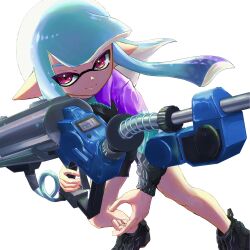 Rule 34 | 1girl, black footwear, blue hair, closed mouth, colored tips, commentary request, e-liter 4k (splatoon), feet out of frame, gun, high tops, highres, holding, holding gun, holding weapon, inkling, inkling girl, inkling player character, long hair, multicolored hair, nintendo, nitino, pointy ears, purple hair, red eyes, shoes, simple background, smile, sneakers, solo, splatoon (series), splatoon 3, standing, tentacle hair, two-tone hair, weapon, white background
