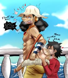 Rule 34 | 2boys, absurdres, afro, anilingus, ass, ass grab, black hair, boat, completely nude, doeswhatever, english text, closed eyes, grabbing, grabbing another&#039;s ass, headphones, highres, huge ass, huge penis, long nose, looking at viewer, medium hair, monkey d. luffy, multiple boys, nude, ocean, one piece, penis, ponytail, precum, rolling eyes, saliva, simple background, speech bubble, sweat, uncensored, usopp, veins, veiny penis, water, watercraft, yaoi