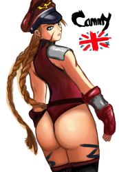 Rule 34 | 1girl, alternate costume, artist request, ass, blonde hair, blue eyes, braid, cammy white, character name, cosplay, elbow gloves, fingerless gloves, from behind, gloves, hat, highres, impossible clothes, leotard, long hair, looking at viewer, looking back, m. bison, m bison (cosplay), peaked cap, scar, shoulder pads, simple background, solo, street fighter, street fighter iv (series), thighhighs, thong leotard, twin braids, union jack, white background