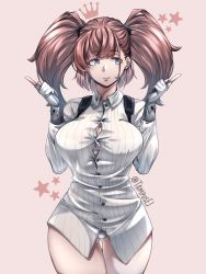 Rule 34 | 1girl, atlanta (kancolle), bra, bra visible through clothes, breasts, brown hair, button gap, cowboy shot, dress shirt, gloves, grey eyes, grey gloves, highres, kantai collection, kazaharu matsuhata, large breasts, long hair, long sleeves, multicolored clothes, multicolored gloves, panties, partially fingerless gloves, shirt, smile, solo, standing, suspenders, two side up, underwear, white bra, white gloves, white panties, white shirt