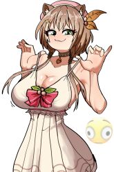Rule 34 | 1girl, :3, acorn, alternate breast size, animal ears, ayunda risu, ayunda risu (1st costume), beret, bow, brown choker, brown dress, choker, collarbone, commentary, dress, emoji, english commentary, green eyes, hair ornament, hat, highres, hololive, hololive indonesia, leaf hair ornament, long hair, looking at viewer, low twintails, pink hat, pirateghoul, red bow, shadow, smile, smug, solo, squirrel ears, strap pull, twintails, virtual youtuber
